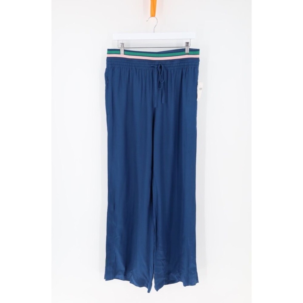 NWT Maeve Blue Ribbed Waist Wide Leg Button Ankle Track Pant Size Medium
